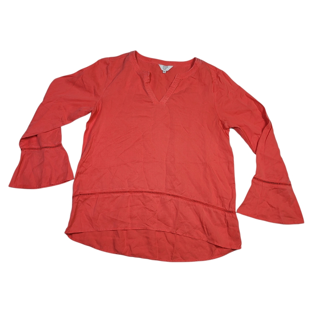 Crown & Ivy Petite Tunic Shirt Bell Cuff Split V Neck Popover Coral Small Tencel